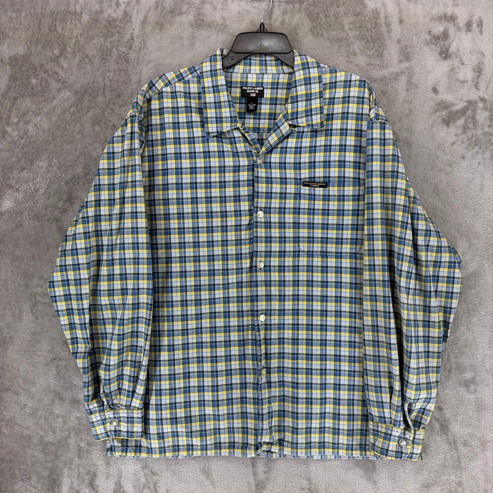Polo Jeans Co Ralph Lauren Mens Large Blue Yellow Plaid Cotton Button Down Shirt